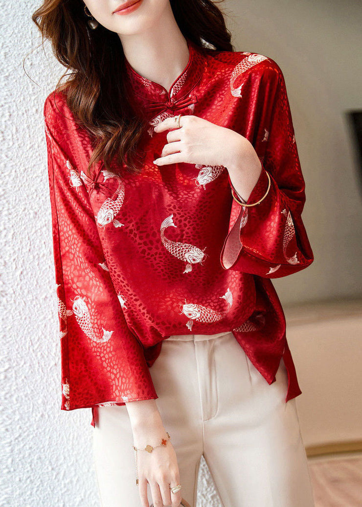 Beautiful Red Stand Collar print Silk Blouse Tops flare sleeve