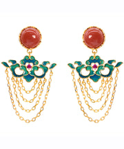 Beautiful Red Sterling Silver Overgild Agate Cloisonne Tassel Drop Earrings