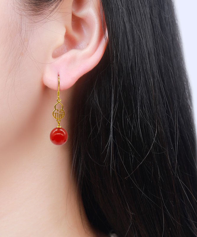 Beautiful Red Sterling Silver Overgild Agate Graphic Drop Earrings