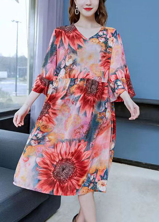 Beautiful Red The Sunflowers Print Patchwork Chiffon Dresses Butterfly Sleeve