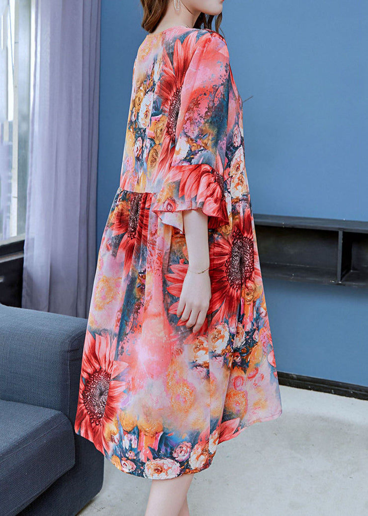 Beautiful Red The Sunflowers Print Patchwork Chiffon Dresses Butterfly Sleeve