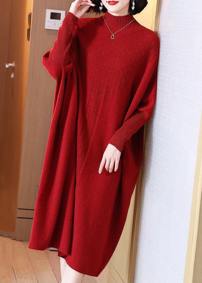 Beautiful Red Turtleneck Cozy Cotton Knit Long Dresses Long Sleeve
