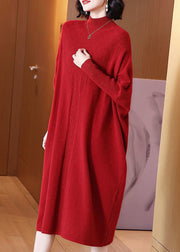 Beautiful Red Turtleneck Cozy Cotton Knit Long Dresses Long Sleeve