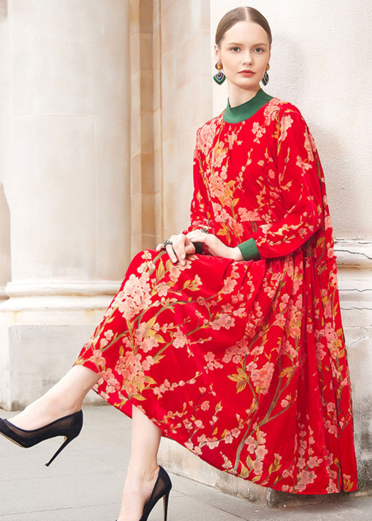 Beautiful Red Turtleneck Jacquard Patchwork Wrinkled Silk Velour Maxi Dresses Fall