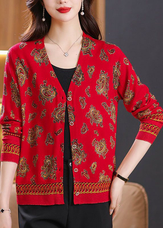 Beautiful Red V Neck Button Print Wool Knit Cardigan Spring