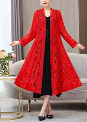 Beautiful Red V Neck Long Lace Sunscreen Cardigan Summer