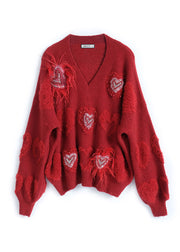 Beautiful Red V Neck Loving Heart Nail Bead Thick Knit Sweater Fall