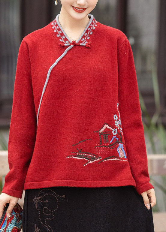 Beautiful Red V Neck Oriental Button Embroidered Knit Tops Winter