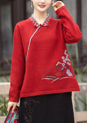 Beautiful Red V Neck Oriental Button Embroidered Knit Tops Winter