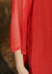 Beautiful Red side open Pockets chiffon Long Dress Three Quarter sleeve