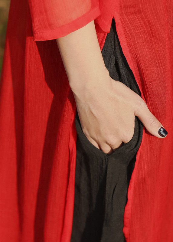 Schönes rotes, seitlich offenes Baumwollkleid, langes Kleid mit drei Vierteln
