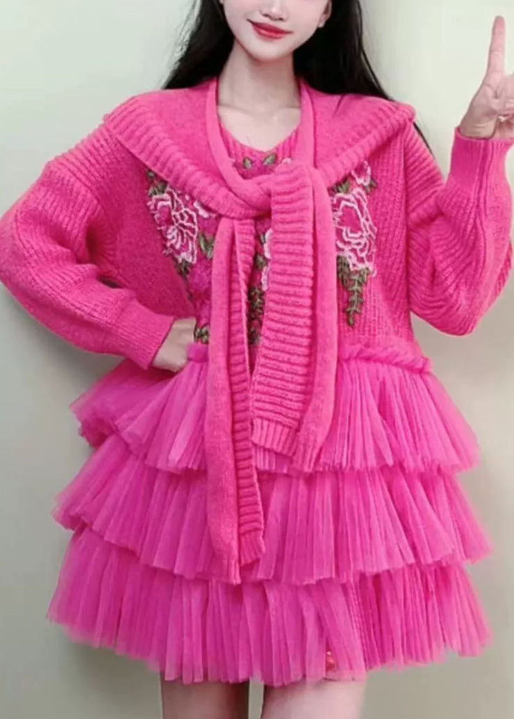 Beautiful Rose Embroidered Knit Tulle Patchwork And Cape Two Piece Set Fall