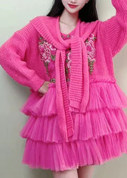 Beautiful Rose Embroidered Knit Tulle Patchwork And Cape Two Piece Set Fall