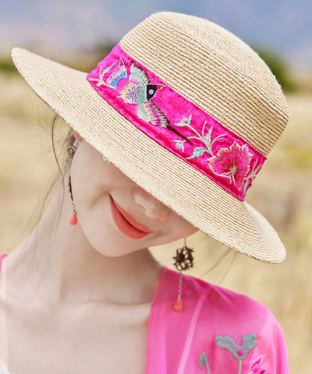 Beautiful Rose Embroidered Straw Woven Beach Floppy Sun Hat