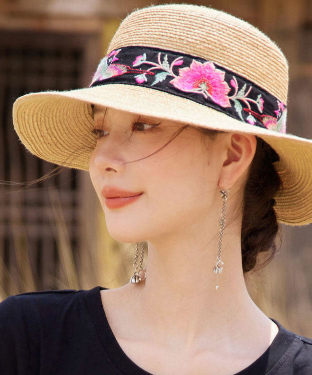Beautiful Rose Embroidered Straw Woven Beach Floppy Sun Hat