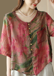 Beautiful Rose O Neck Print Button Patchwork Linen Blouses Tops Summer