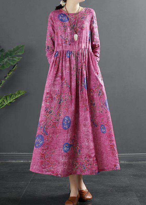 Beautiful Rose Print Tunics O Neck Patchwork Maxi Dress - SooLinen