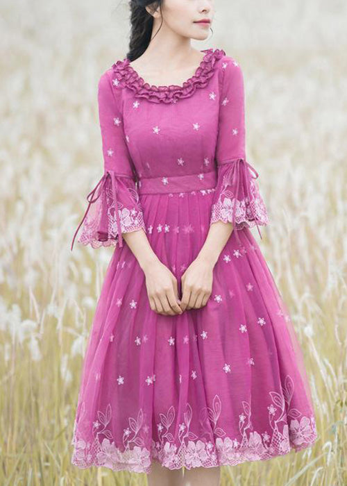 Beautiful Rose Ruffled Embroideried Lace Up Tulle Dresses Flare Sleeve