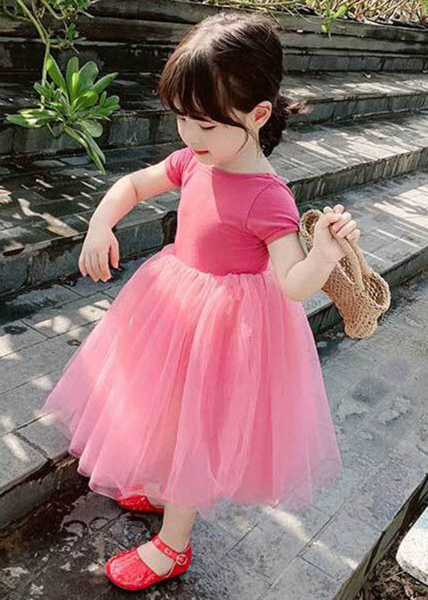 Beautiful Rose Ruffled Patchwork Tulle Kids Girls Off The Back Dress Summer