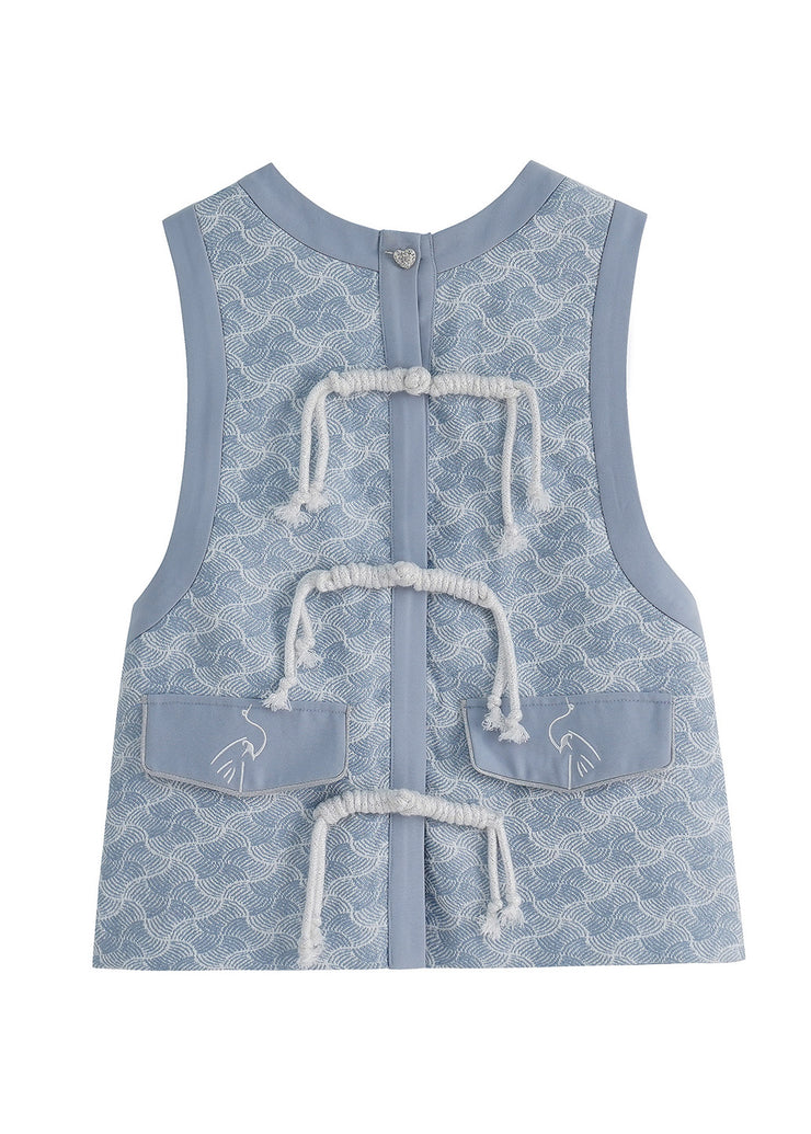 Beautiful Royal Blue O-Neck Print Button Waistcoat Spring