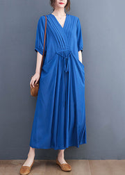 Beautiful Solid Blue Wrinkled V Neck Tie Waist Cotton Long Dress Short Sleeve