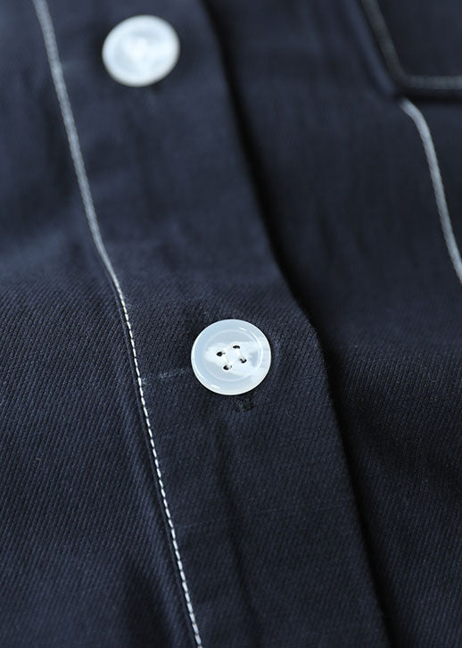 Beautiful Solid Navy Drawstring Hooded Cotton Short Coat Half Sleeve