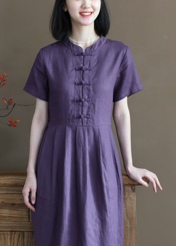 Wunderschönes Leinen-Cinch-Kleid mit kurzen Ärmeln und Stehkragen in Lila