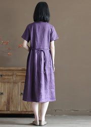 Beautiful Solid Purple Stand Collar Cinched Button Linen Cinch Dress Short Sleeve