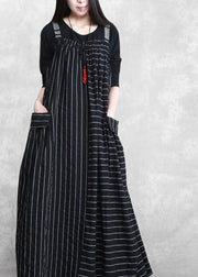 Beautiful Spaghetti Strap Patchwork Quilting Dresses Work Black Striped Kaftan Dresses - SooLinen