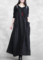 Beautiful Spaghetti Strap Patchwork Quilting Dresses Work Black Striped Kaftan Dresses - SooLinen