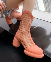 Beautiful Splicing Chunky Boots Pink Breathable Mesh Hollow Out