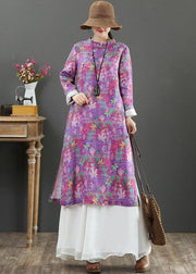 Beautiful Stand Collar Chinese Button Spring Outfit Catwalk Purple Print Maxi Dresses - SooLinen