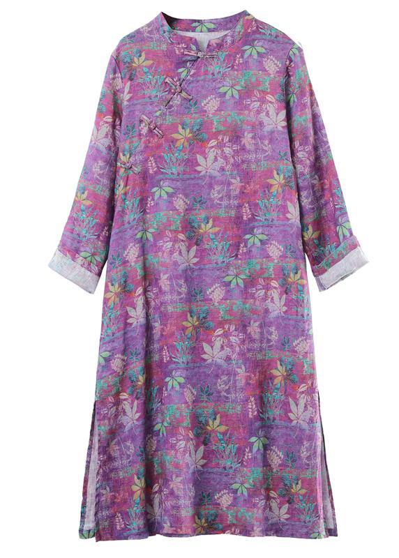 Beautiful Stand Collar Chinese Button Spring Outfit Catwalk Purple Print Maxi Dresses - SooLinen