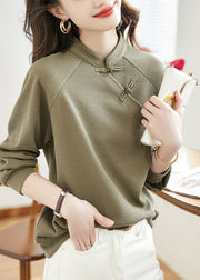 Beautiful Stand Collar Green Button Patchwork Cotton Top Fall
