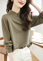 Beautiful Stand Collar Green Button Patchwork Cotton Top Fall
