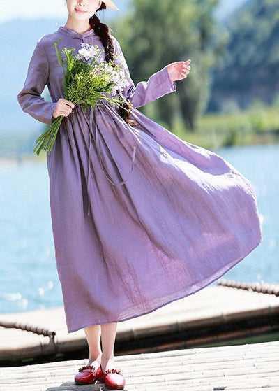 Beautiful Stand Collar Patchwork Lace Spring Pattern Shape Purple Plus Size Dress - SooLinen