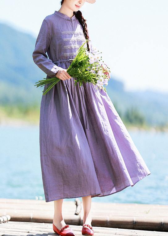 Beautiful Stand Collar Patchwork Lace Spring Pattern Shape Purple Plus Size Dress - SooLinen