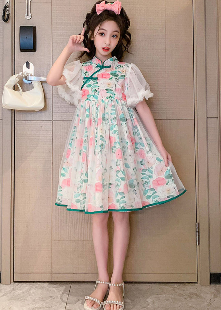 Beautiful Stand Collar Tulle Patchwork Button Girls Mid Dress Summer