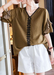 Beautiful Tea Green V Neck Ruffled Lace Patchwork Cotton Shirt Tops Summer