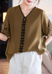 Beautiful Tea Green V Neck Ruffled Lace Patchwork Cotton Shirt Tops Summer
