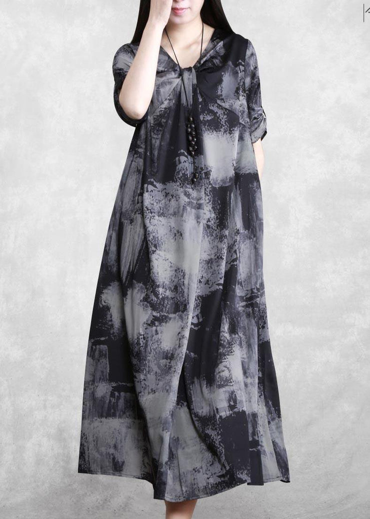 Beautiful V Neck Asymmetric Quilting Clothes Design Gray Print Maxi Dress - SooLinen