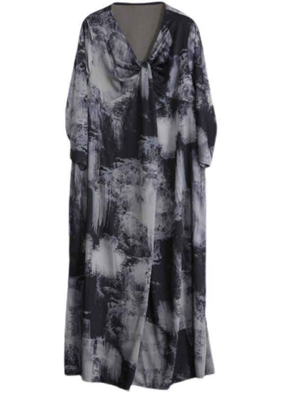 Beautiful V Neck Asymmetric Quilting Clothes Design Gray Print Maxi Dress - SooLinen