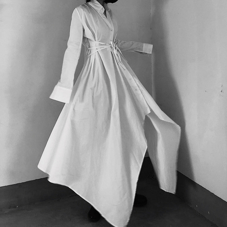 Beautiful V Neck Asymmetric Spring Quilting Clothes Catwalk White Art Dresses - SooLinen