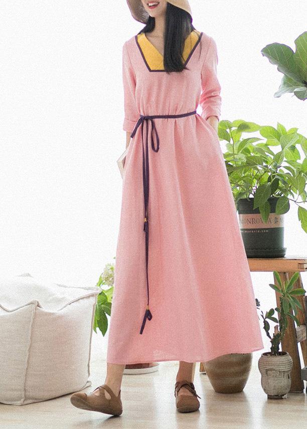 Beautiful V Neck Patchwork Spring Clothes Fabrics Pink Maxi Dress - SooLinen