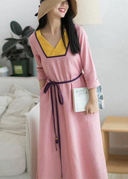 Beautiful V Neck Patchwork Spring Clothes Fabrics Pink Maxi Dress - SooLinen