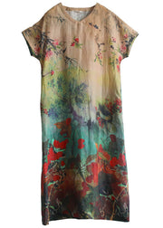 Beautiful V Neck Print Linen Long Dress Short Sleeve