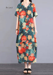 Beautiful V Neck Print Patchwork Cotton Long Dresses Summer