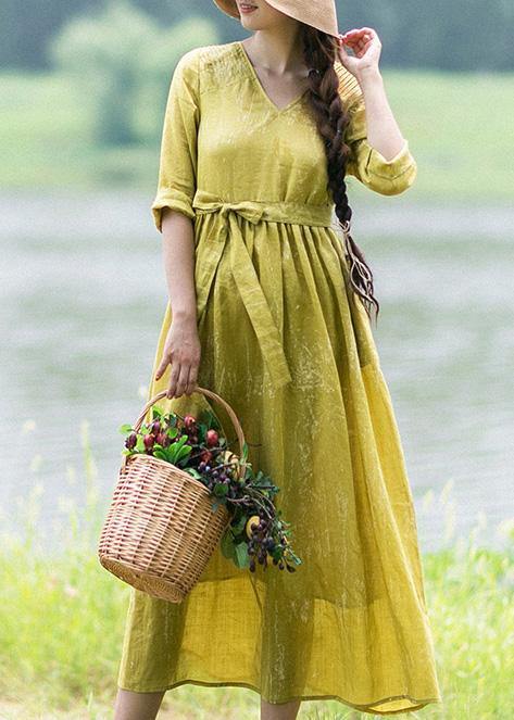 Beautiful V Neck Tie Waist Summer Clothes For Women Fashion Ideas Yellow Loose Dress - SooLinen