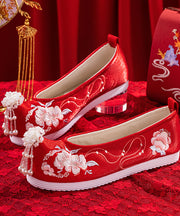 Beautiful Wedding Flat Shoes For Women Red Embroidered Cotton Fabric