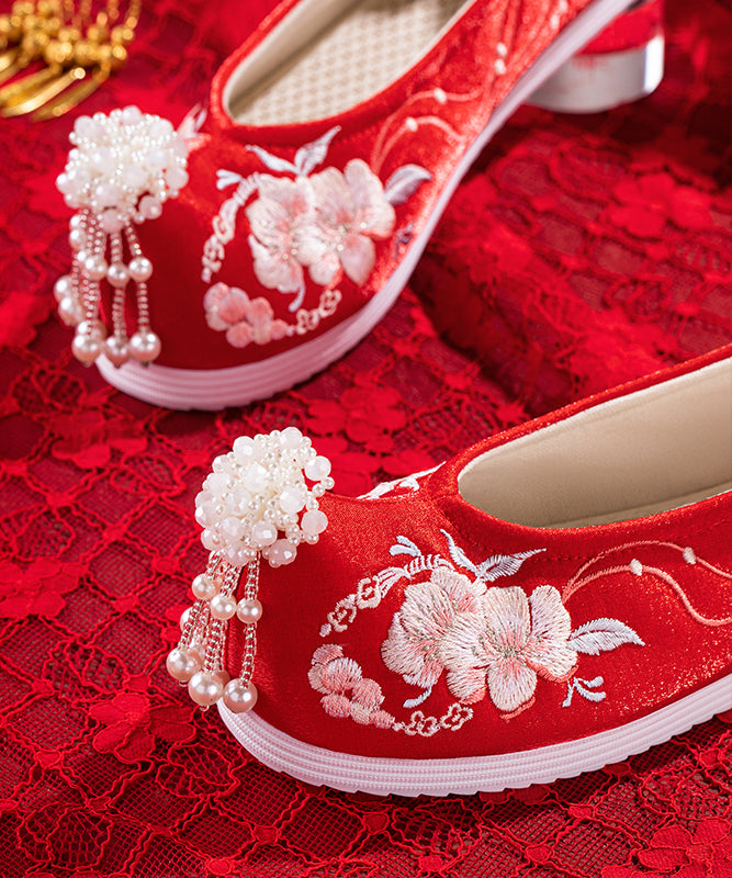Schöne flache Hochzeitsschuhe für Frauen, rot, bestickter Baumwollstoff